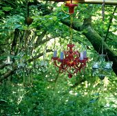 Coloured crystal chandeliers hanging in a tree in a wild garden