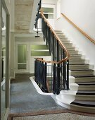 Stair carpet on stone stairs in classic, modern stairwell