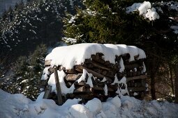 Ein schneebedeckter Holzstapel in einer Winterlandschaft