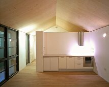 Open-plan attic room with simple kitchen unit in front of half-height partition under spotlight