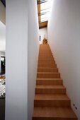 Narrow wooden staircase between white walls and below glass ceiling