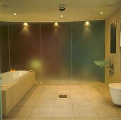 Grossräumiges minimalistisches Bad mit gebogener Glastrennwand