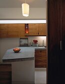 Blick in offene Designerküche mit Arbeitsplatte aus Beton auf Theke