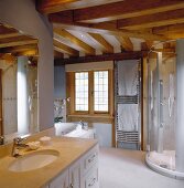 Modern bathroom in rustic, half-timbered house