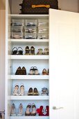 View of women's shoes in shoe cabinet with open door
