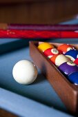 Pool balls and cue on pool table