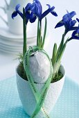 Easter arrangement of iris and porcelain egg