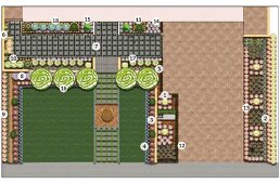Plan eines geometrisch angelegten Vorgartens mit genauen Angaben zu Pflanzungen und zur Wegegestaltung