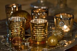 Gold Christmas decorations and tea light holders