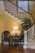 Sitting area near winding staircase
