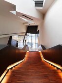 Treppenabgang mit Bodenbeleuchtung und breiten Handläufen in zeitgenössischem Haus
