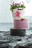 Plant with purple flowers in felt planter and two felt cushions on grey, long-pile rug