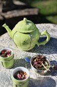 A lime-green teapot with silver dragonfly motif and matching tea tumblers on an antique garden table
