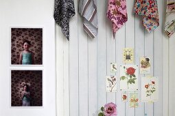 Collection of patterned cloths above small pictures of roses and next to two pictures of a little girl