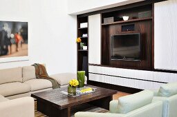Retro-style, living room wall unit, upholstered furniture and coffee table
