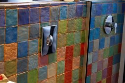 Multicoloured terracotta tiles in bathroom