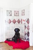 Schwarzer Hund auf rotem Fell vor traditionellen Wandfliesen in Zimmerecke
