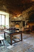 Rustic kitchen within the sandstone walls of historical Chateau de Cassaigne