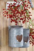 Rosehips and zinc candle lanterns hanging on wooden wall