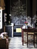 Vintage kitchen with dark walls and chequered floor