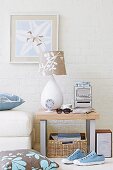 White table lamp with print lampshade on side table