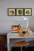 Sewing table with sewing machine, table lamp & wooden swivel chair