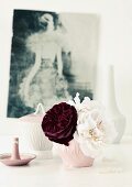 Dunkelviolette Rose der Sorte Robert Le Diable und weiße Rosenblüten der Sorte Eifelzauber arrangiert in Porzellanschälchen