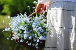 a woman holding a basket with forget-me-nots