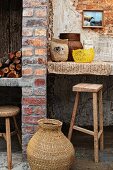Rattan basket on floor in front of brick wall with masonry shelf and rustic bar stools in Mediterranean ambiance