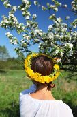 Woman wearing head wreath of dandelions in front of blossoming apple tree
