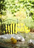 Erfrischungspause in Freiem - Zitronen und Zitronenscheiben vor Glaskaraffe auf gefliestem Tisch