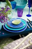 Place setting in shades of blue & purple