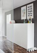 Half-height, white cabinet in front of dark grey wall in corridor behind clear glass partition