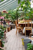 Holztisch und Küchenstühle in Wintergarten, Pflanzentöpfe auf Boden