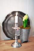 Lit candle in silver candlestick in front of potted hyacinth and pewter plate leaning against wall