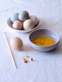 Blown egg and bowl of eggs