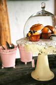 Muffins unter Glashaube auf Vintage Kuchenständer in Pastellgelb