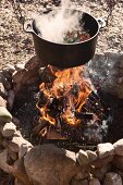 Steaming vegetable stew in cooking pot suspended over campfire in stone hearth