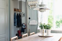 Potted plants below pendant lamp on wooden dining table in front of window