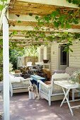 Seating on terrace below climber-covered pergola adjoining rustic wooden house