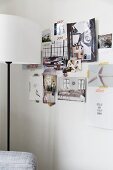 Standard lamp with white lampshade in front of photos from magazines on white wall