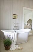 Potted lavender in front of free-standing bathtub with vintage tap fittings in ensuite bathroom