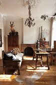 Rustic atmosphere in renovated period apartment with stucco ceiling, wooden bench, simple table on animal-skin rug and hunting trophy in background
