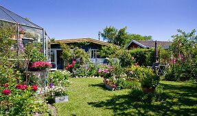 Gewächshaus und skandinavische Sommerhäuser in blühendem Garten mit blauem Himmel