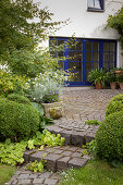 View from garden with steps leading to cobbled terrace and house with blue window frames