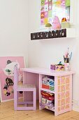 Pink child's chair and desk below spice shelf hung on wall