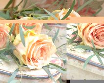 Apricot roses and eucalyptus branches