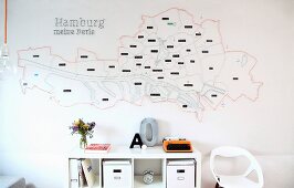 Stylised string art map of Hamburg above desk