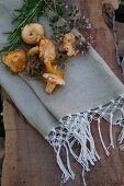 Leinenserviette mit Makramee-Borte, darauf geerntete Pilze und Kräuter