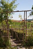 Garden gate made from sticks and view over summery landscape